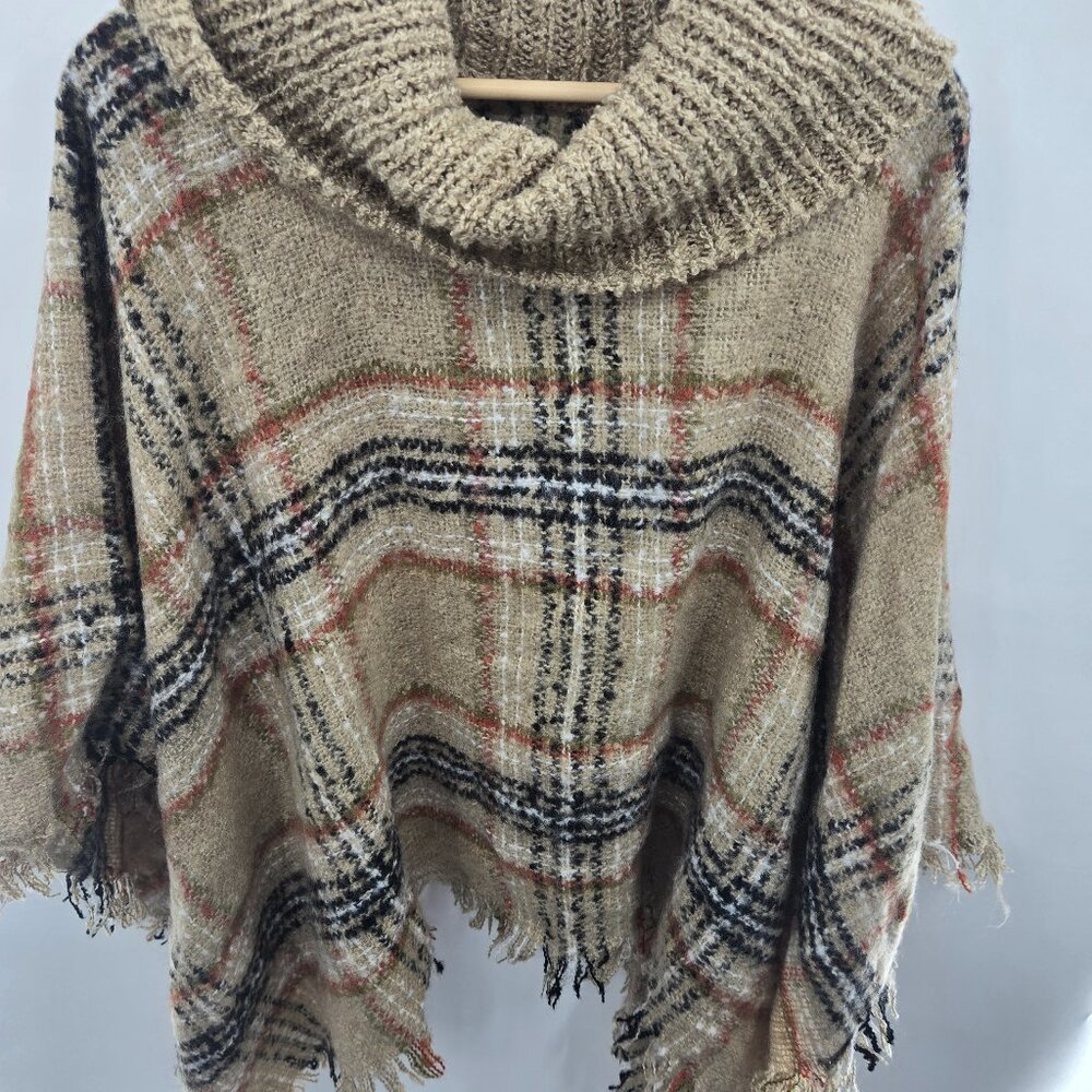 Harve Benard Brown Cozy Plaid Chunky Ribbed Cowl Poncho Fringe One Size